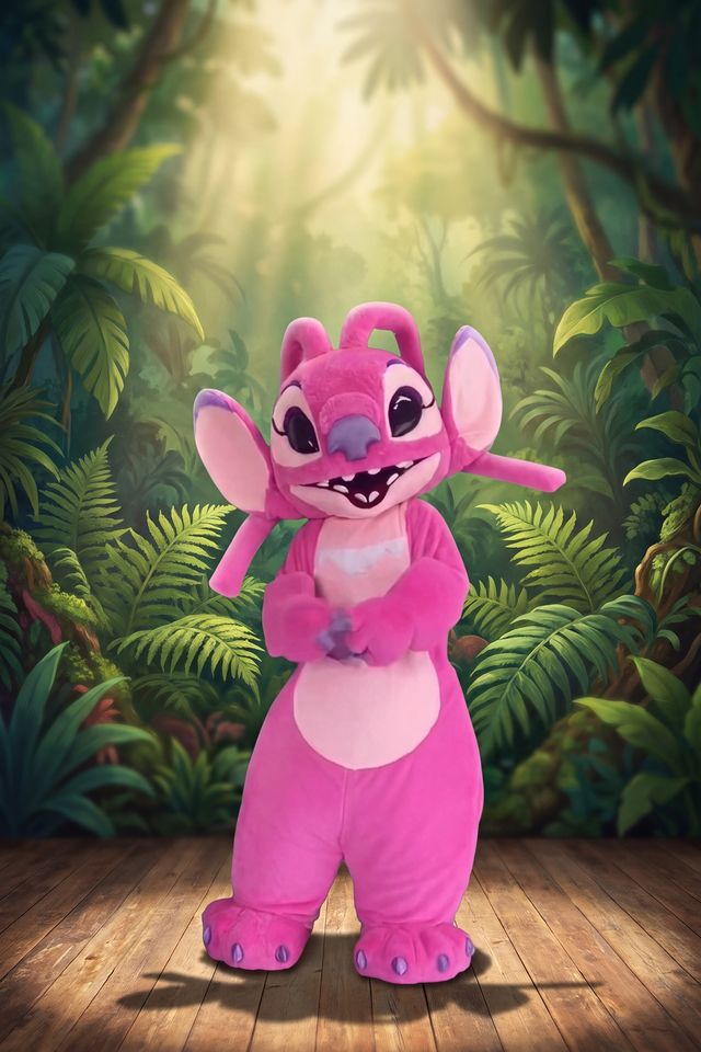 Angel en costume de mascotte, sur une scène de théâtre, dans une jungle tropicale.