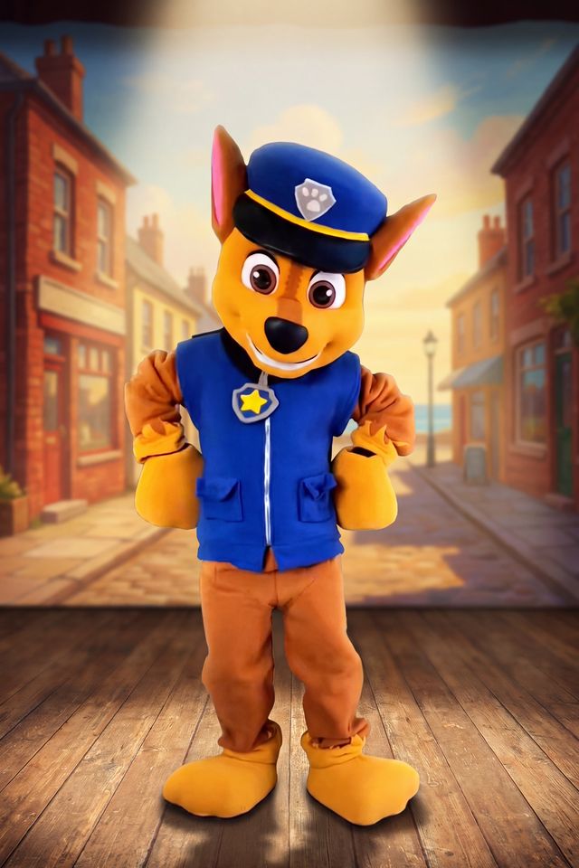 Chase en costume de mascotte, sur une scène de théâtre, dans une rue de petite ville en brique.
