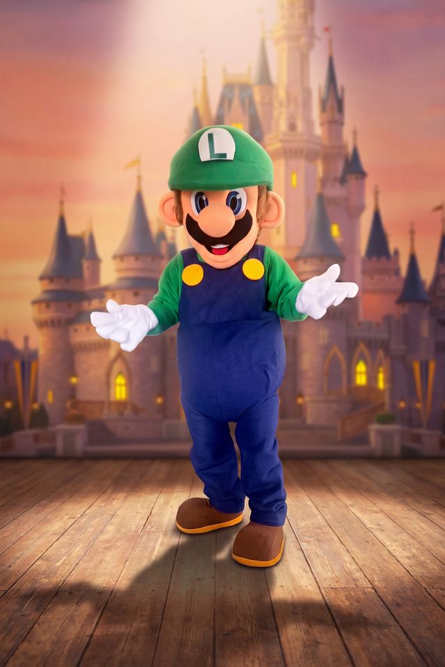 Luigi en costume de mascotte, sur une scène de théâtre, devant un château de conte au crépuscule.