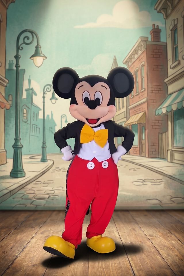 Mickey en costume de mascotte, sur une scène de théâtre, dans une rue de dessin animé des années 30.