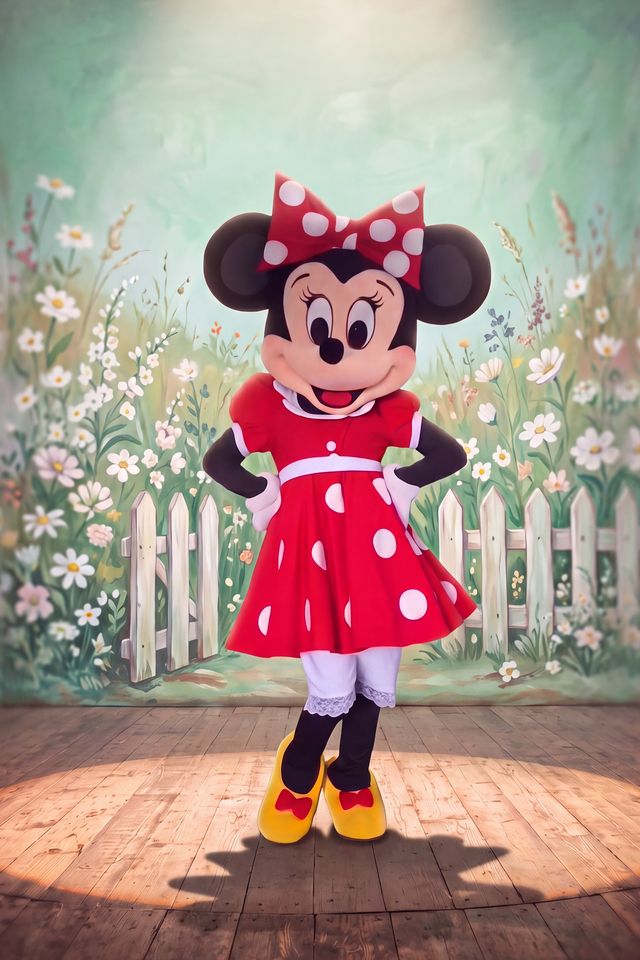 Minnie en costume de mascotte, sur une scène de théâtre, devant un jardin fleuri et une barrière blanche.
