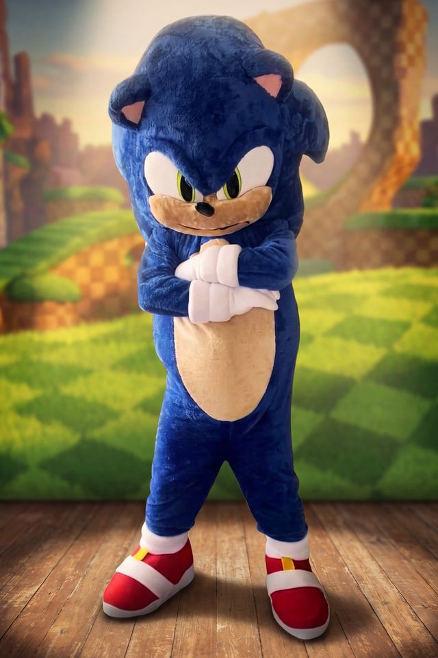 Sonic en costume de mascotte, sur une scène de théâtre, devant des collines vertes.