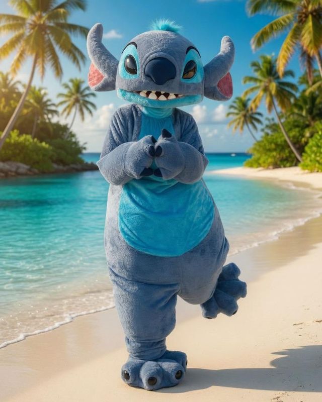 Stitch, en costume de mascotte, sur une plage de sable blanc.